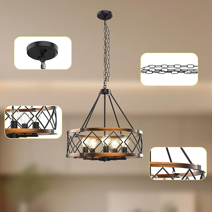 5-Light Black and Gold Chandelier, Farmhouse Industrial Pendant Light Adjustable Height Metal Hanging Fixture E26 Base for Kitchen Island, Dining Room, Living Room