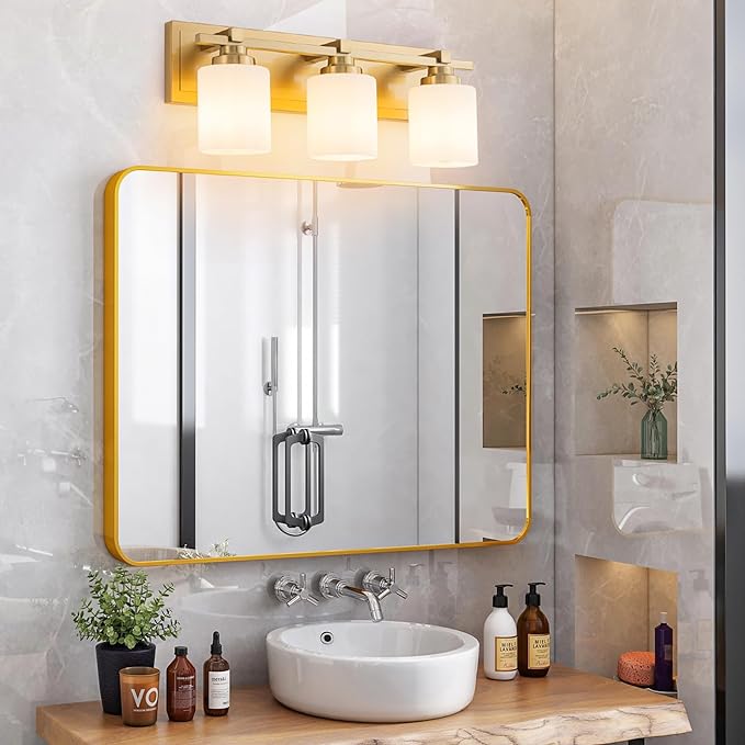 3 Light Modern Bathroom Light Fixtures Over Mirror, Brass Finish Vanity Lights for Bathroom Wall Sconces with Milky White Glass Shades, E26 Socket (Bulbs Not Included)