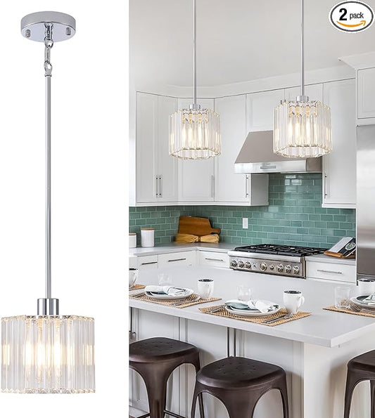 XSDeTu 2 Pack Crystal Pendant Light Fixtures, Modern Chrome Hanging Light, 1-Light Small Farmhouse Chandelier, Adjustable Hexagonal Cage Pendant Lighting for Kitchen Island, Dining Room, Bedroom