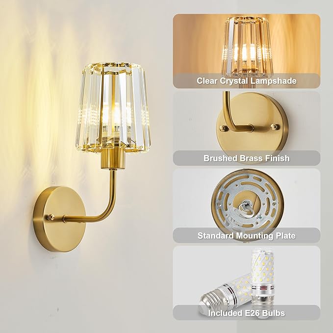 KARTOOSH Hardwired Crystal Wall Sconces Set of Two - Dimmable Wall Light Fixtures 3000K, Warm White, for Hallway, Bathroom, Living Room, Bedroom, Brass, 13 Inch