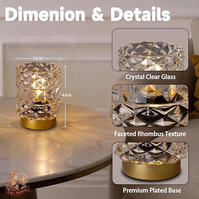 MJ PREMIER Battery Operated Lamp with Timer, Cordless Table Lamps for Shelf Decor, Rhombus Texture Aesthetic Crystal Lamp, Small Decorative Lamps for Bedroom/Bathroom/Kitchen/Entryway/Dorm (Clear)