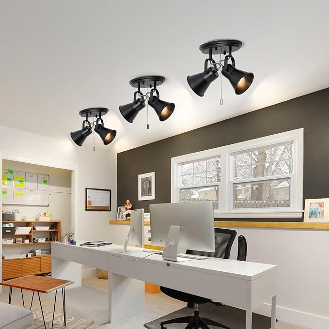 SEEBLEN 2-Light Black Track Lighting with Pull Chain, Industrial Adjustable Pull Chain Light Fixture Round Ceiling Light, Modern Flush Mount for Kitchen, Hallway, Dining Room