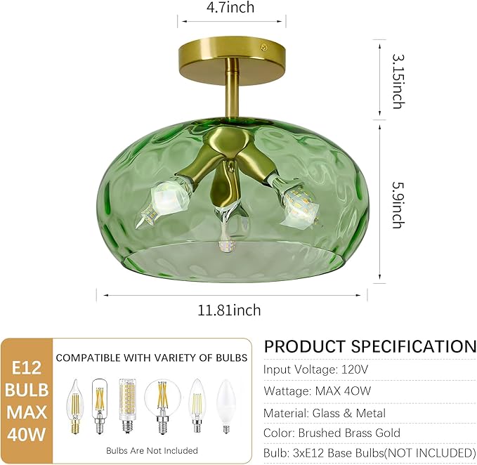 Green Glass Flush Mount Ceiling Light - 12 Inch Hammered Glass Hallway Light fixtures Ceiling, Vintage Gold Semi Flush Mount Ceiling Light,Mid Century Light Fixture for Bedroom Entryway Kitchen