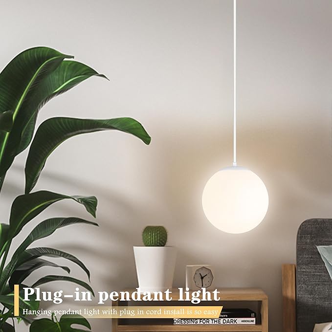 KoKo&Yukina 8" Globe Pendant Light White Plug in Pendant Light Adjustable Hanging Lights with Plug in Cord Matte White Finished with Milk Glass Lampshade for Bedroom Kitchen Island (Bulb Included)