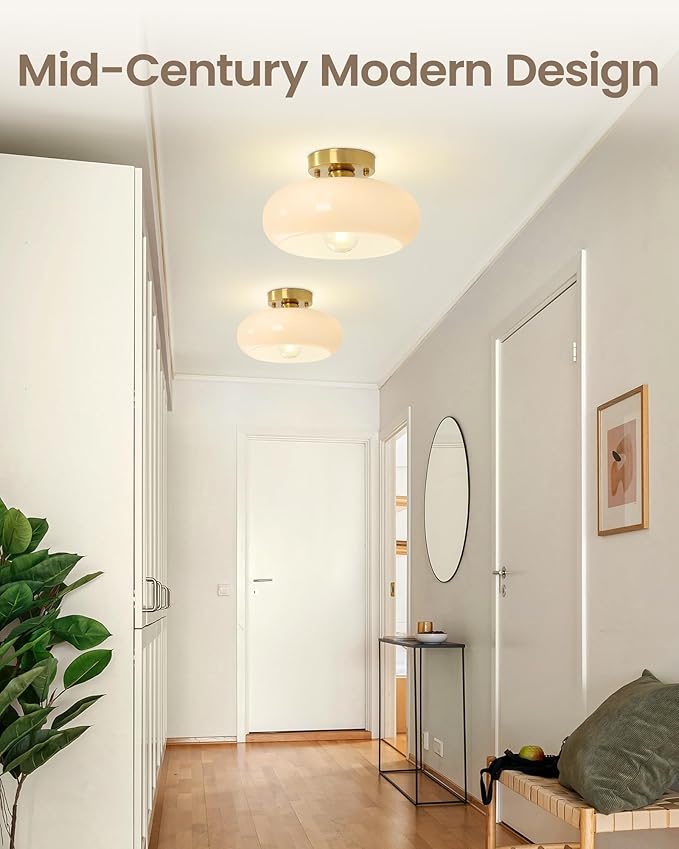 Yunnix Semi Flush Mount Ceiling Light, Gold Light Fixture, Mid-Century Modern Farmhouse Milk Glass Small Light Fixtures for Hallway, Bathroom, Kitchen, Bedroom, Living Room, Closet, Laundry(11 Inch)