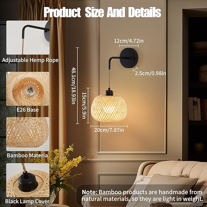 Vitnucrol Battery Operated Wall Sconce Set of Two, Bamboo Rechargeable Boho Wireless Sconces with Remote, Dimmable Non-Hardwired Farmhouse Wall Lights for Bedroom Living Room (Black, 8 inches)