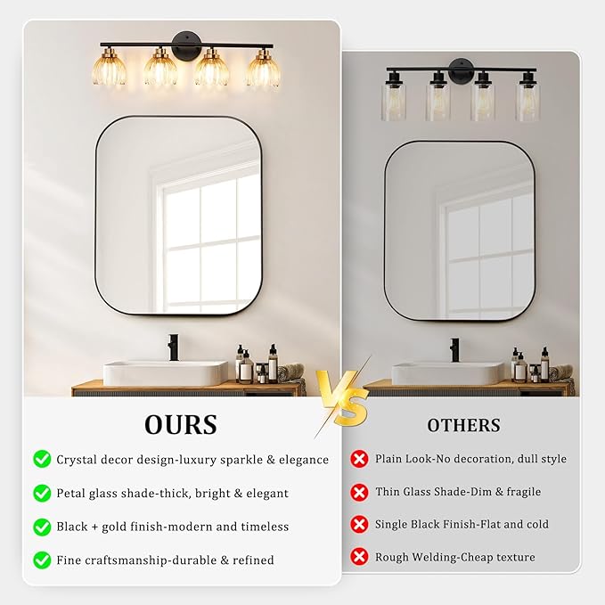 TALOYA Bathroom Vanity Light Fixtures, 4-Light Black and Gold Wall Lights for Mirror with Gradient Amber Tulip Glass Shades, Over Sink Lighting for Bedroom, Living Room, Hallway