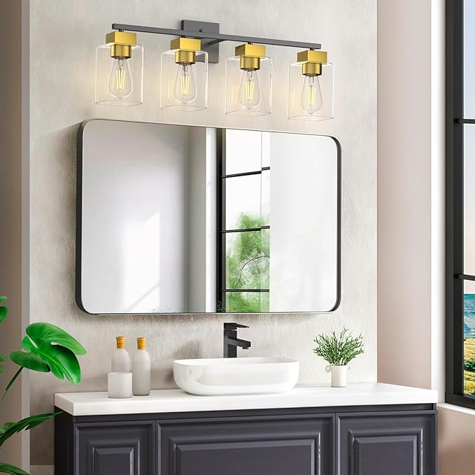 Espird 4 Light Bathroom Vanity Light - Black and Brushed Gold Bathroom Light Fixtures UL Certification, Square Light Fixture Over Mirror, Farmhouse Light Fixtures for Bathroom & Bedroom