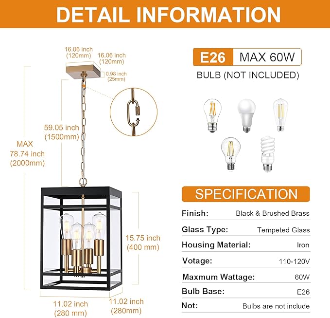VINLUZ 16" Outdoor Pendant Light with Adjustable Chain, 4-Light Black and Gold Finish Outdoor Hanging Light Fixture, Exterior Hanging Lantern Chandelier for Entryway Patio Garden