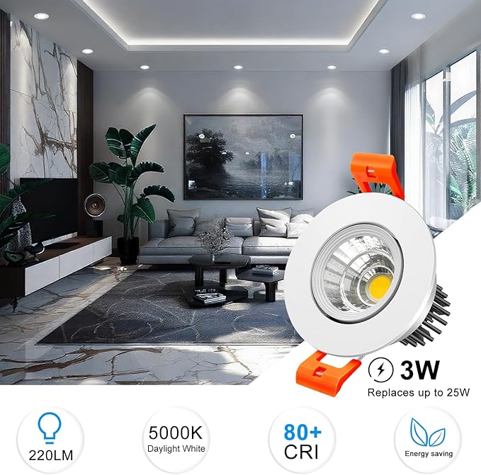 inShareplus 2 Inch LED Downlight, 3W Recessed Lighting COB Dimmable, 5000K Daylight White, CRI80, Ceiling Lights with LED Driver, 12 Pack