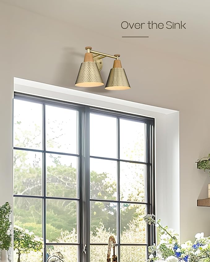 FEMILA Bathroom Light Fixtures, 2-Light Bathroom Vanity Lights Over Mirror, Antique Gold Wall Sconces, Hammered Metal Shade, 4FG59B-2W BG