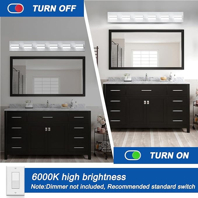 IZORRO LED Modern Bathroom Lights Fixtures(6-Light,Dimmable,360°Rotate),Matte White Acrylic Wall Lighting,Vanity Lights for Bathroom Over Mirror - 6000k 36In （No Assembly Required）
