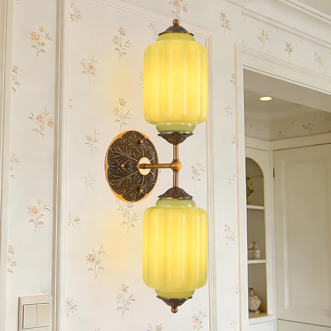 LOUSACE 2-Light Vintage Milk Glass Bathroom Vanity Light with Brass Finish Base & Green Glass Shade - Indoor Wall Sconce Lighting for Mirror, Bathroom, Living Room, Gallery (Bulbs Included)