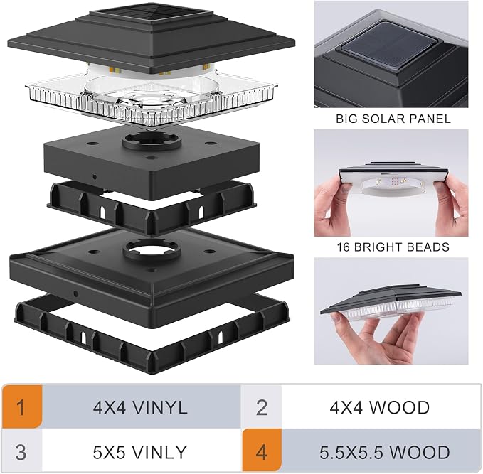 APONUO Solar Post Cap Lights 16-Pack, Black IP64 Waterproof 16 LED Fence Post Solar Lights for 4x4 5x5 6x6 Wood/Vinyl Posts, 2-Mode Deck Post Lights Solar Powered, 10-Hr Lighting for Patio Yard Porch