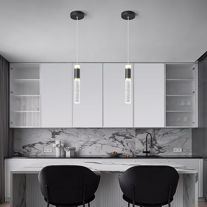 Pendant Ceiling Light Fixture for Kitchen Island, Black Gold Pendant Light Integrated Dimmable LED Hanging Light with Bubble Crystal Pendant Light Modern Pendant Lights Kitchen Island (2-Pack)