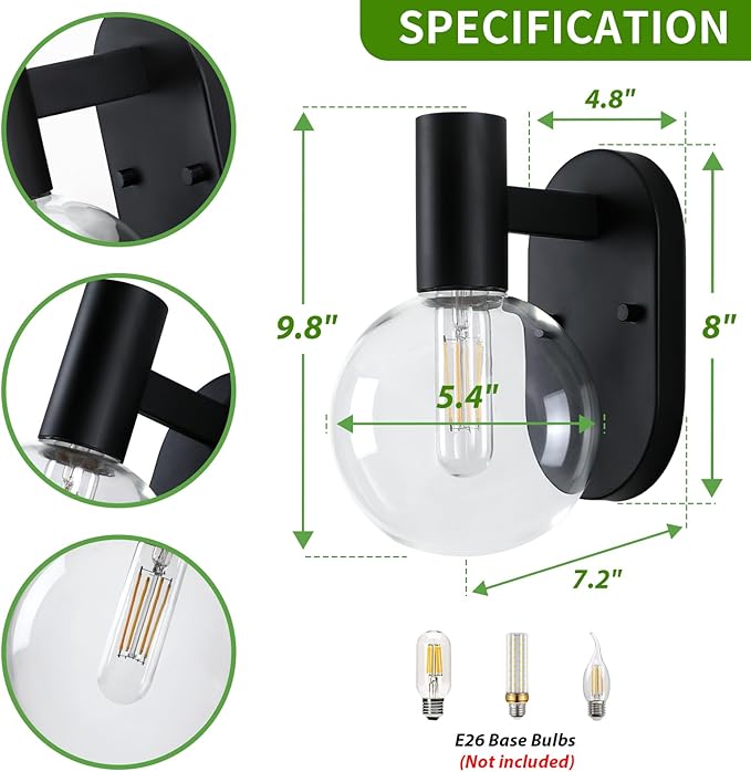 Outdoor Wall Light Fixture, Indoor Outdoor Wall Sconce, Waterproof Outdoor Porch Light, Black Vanity Light Fixture with Clear Globe Glass, Anti-Rust E26 Socket for Bathroom, Garage, Patio