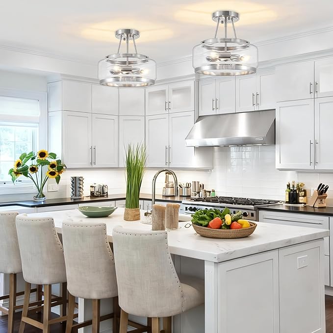 Brushed Nickel Modern Ceiling Lights 3-Light Hallway Light Fixtures Semi Flush Mount Kitchen Ceiling Lighting Drum Glass Entryway Chandelier for Bathroom Foyer Laundry Dining Room Bedroom