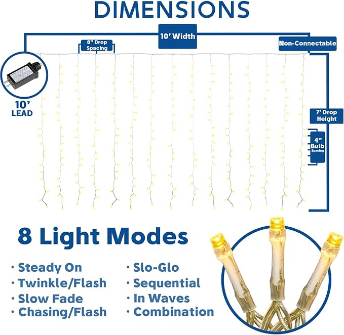 Novelty Lights LED Curtain Light Set, 300 LED Warm White, 8 Function, Non-Connectable, Clear Wire