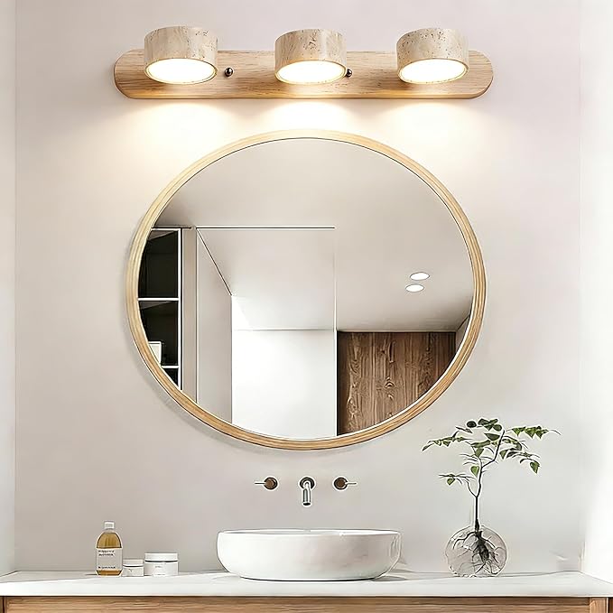 LED Natural Wood Vanity Light with 3 Travertine Stone Shades, Bathroom Vanity Light Fixture, 360° Rotatable Stone Lampshades, Modern Rustic Wall Lamp for Bedroom, Living Room, Hallway (Natural Wood)