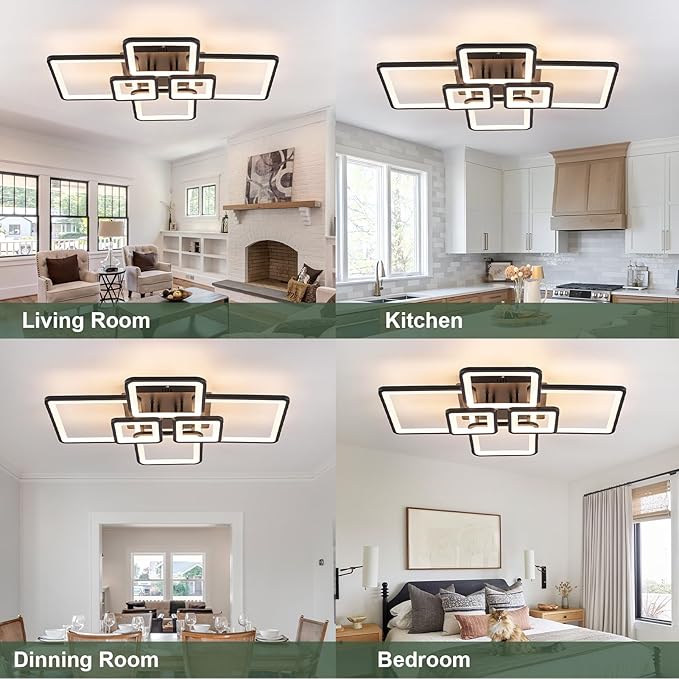 Modern Ceiling Lights 31" 75W, Dimmable Kitchen Lighting Fixtures Ceiling, 3000-6500K Light Fixture Ceiling Mount with Remote Control, Black Square LED Ceiling Light for Bedroom