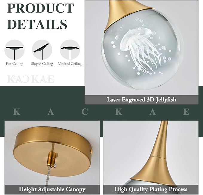 LED Pendant Light Kitchen Island Jellyfish Crystal Pendant Lights Dimmable Gold Modern Hanging Light for Bedroom Bathroom Living Room 3000K Warm White, 3 Pack