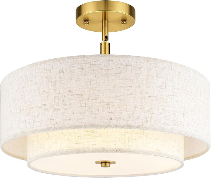 AUTELO Gold Semi Flush Mount Ceiling Light, 3-Light 16" Ceiling Light in Brushed Gold Finish with Drum Fabric Shade for Hallway Bedroom Kitchen, C2506 BG-16