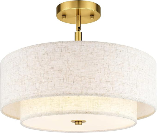 AUTELO Gold Semi Flush Mount Ceiling Light, 3-Light 16" Ceiling Light in Brushed Gold Finish with Drum Fabric Shade for Hallway Bedroom Kitchen, C2506 BG-16