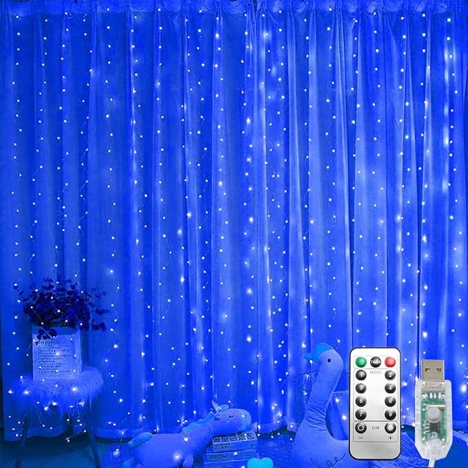 300 LED Fairy Lights, Twinkle Lights with 8 Light Modes, 9.8x9.8Ft Curtain String Lights Remote Control for Christmas, Bedroom, Indoor, Outdoor, Weddings, Party, Birthday Decor (Blue)