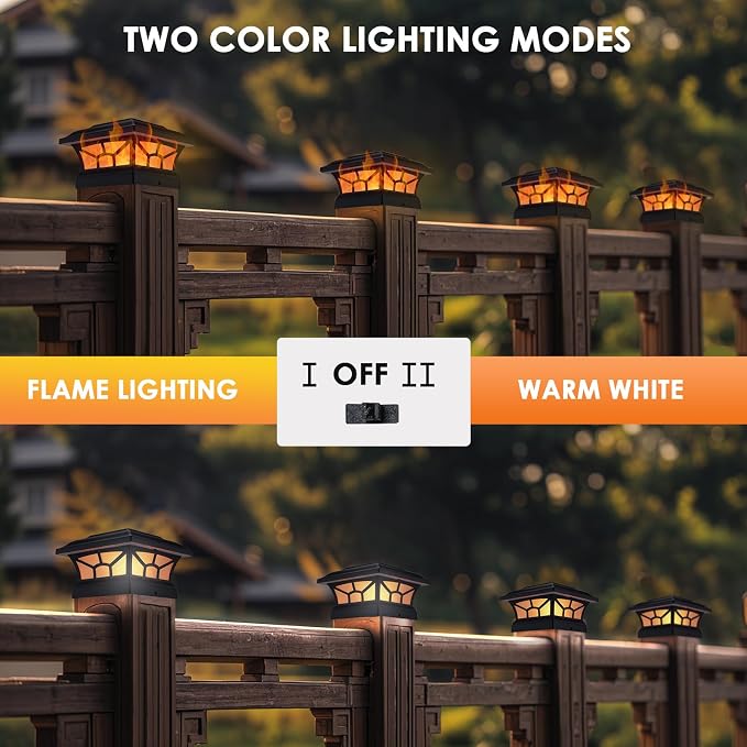2 Pack Solar Post Cap Lights Outdoor Flickering Flame & Warm White, Fits 4x4 5x5 6x6 Wooden or Vinyl Posts, Waterproof Solar Fence Deck Lights for Yard Garden Patio Decoration.