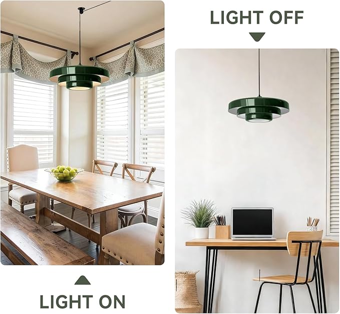 Plug-in Green Pendant Light, Mid Century Hanging Lamp Fixtures with Pulley and Plug in Cord 3-Layer Shade Nordic Style Pendant Lighting Metal Shade for Living Room Dining Room Bedroom Kitchen Island
