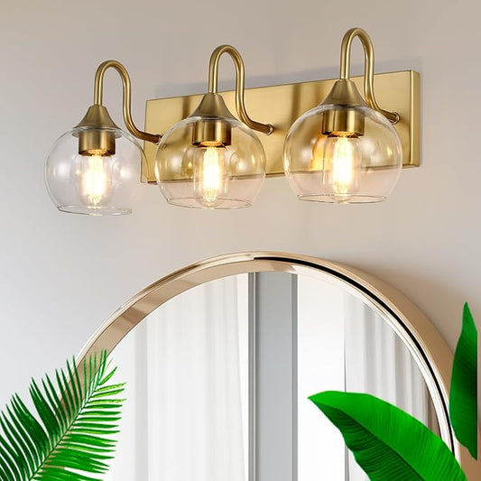 Bathroom Light Fixtures, 3-Light Brushed Gold Vanity Light Over Mirror, Modern Wall Sconces 21" with Clear Glass Globe Shade, Bathroom Wall Lights for Mirror Kitchen Bedroom Hallway