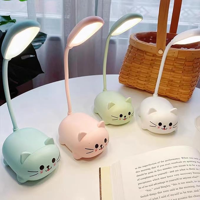 Neioaas LED Desk Lamp for Kids, Cute Cat Lamp USB Rechargeable Reading Light,Portable LED Table Light, Flexible Gooseneck Eye-Care Cartoons Small Desk Lamp Girls Gifts (White)