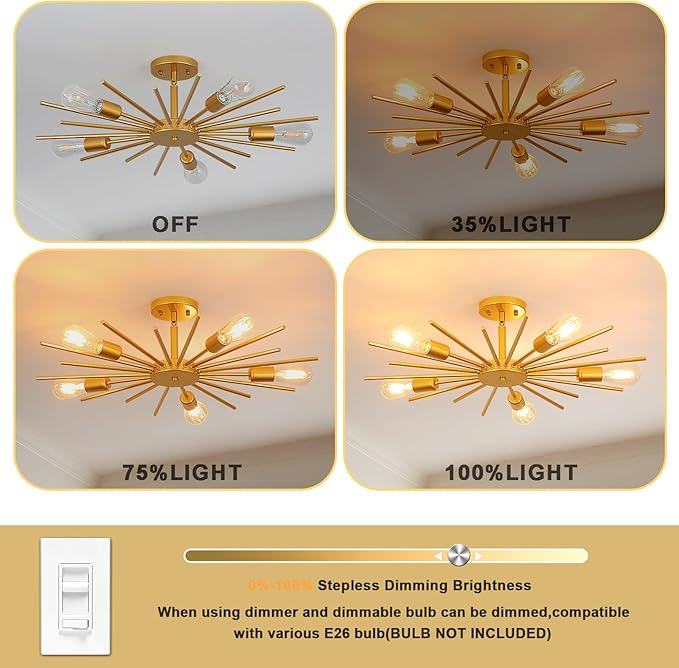 Gold Semi Flush Mount Ceiling Light, 27.5 Inch 5-Light Large Sputnik Flush Mount Light Fixtures, Modern Mid Century Sloped Ceiling Lighting for Kitche n, Entryway, Bedroom, Living Room