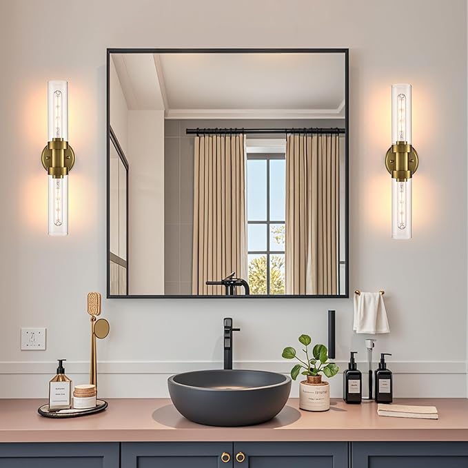 Modern 2-Light Gold Wall Sconce with Clear Glass Shade 20-Inch Brass Glass Bathroom Wall Light Fixtures for Hallway Staircase Living Room