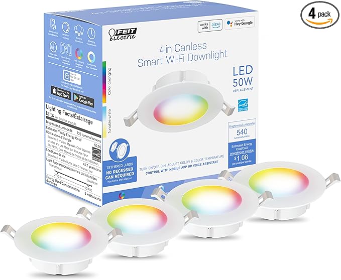 Feit Electric 4" Smart LED Canless Recessed Downlight, 50W EQ, Dimmable, WiFi Enabled, Compatible with Alexa and Google Home Asst, Color Changing, 90 CRI, 540 Lumens, 4 Pack, LEDR4XT/RGBW/CA/AG/4