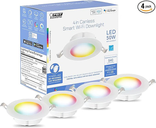 Feit Electric 4" Smart LED Canless Recessed Downlight, 50W EQ, Dimmable, WiFi Enabled, Compatible with Alexa and Google Home Asst, Color Changing, 90 CRI, 540 Lumens, 4 Pack, LEDR4XT/RGBW/CA/AG/4