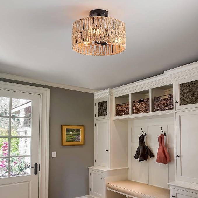 3-Light Coastal Woven Flush Mount Light Fixture Boho Rustic Hemp Rope Drum Semi Flush Mount Ceiling Light for Hallway Bedroom Kitchen Entryway Farmhouse Living Room, Black