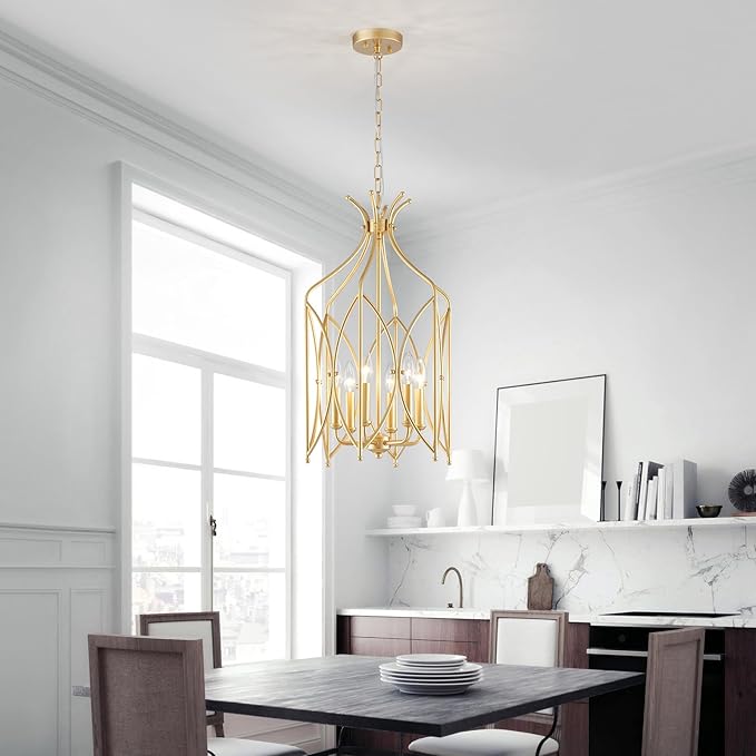 WUZUPS Lantern Pendant Chandelier Rustic Metal Cage Light Modern Lighting Fixture for Kitchen Diningroom Bathroom Livingroom, H 25.4" x W 14.2", E12 Base, Gold