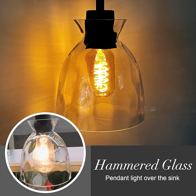 Pendant Light Over Sink with Industrial Hammered Glass Farmhouse Hanging Ceiling Light Adjustable Cord for Kitchen Island Dining Table