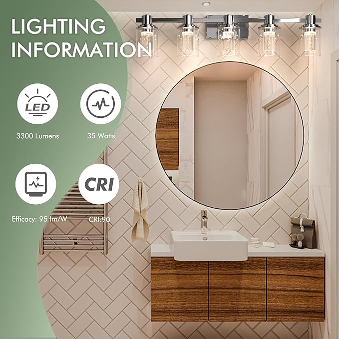 Quntis 5-Light Chrome Bathroom Vanity Light with 5 Color Modes, Dimmable Modern Bathroom Lighting Fixture Over Mirror, 35 Watts Eye Protection LED Wall Lamp 33 Inch (UL Certified, Bulbs Included)