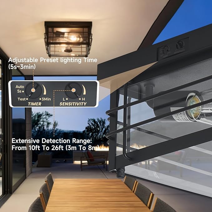 Yisuro Outdoor Ceiling Light with Motion Sensor Flush Mount Farm House Porch Light Ceiling Mount Adjustable 3 Modes Squares for Patio,Porch,Garage (Black-Square)