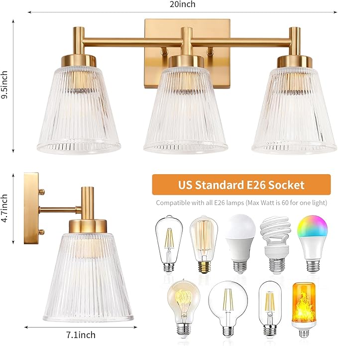 OCIOC 3-Light Bathroom Vanity Light, Modern Gold Wall Light Fixture With Stripe Glass, Farmhouse Bathroom Wall Sconces for Mirror, Kitchen, Bedroom, Living Room, Hallwa