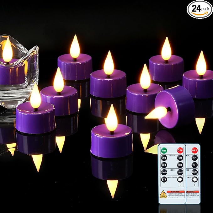 Amagic Flameless Purple Timer Remote Tealights Candles, 3D Black Wick Flickering Tea Light, 300+Hour Colored Votive Candles Battery Operated, Set of 24 for Party, Wedding Table, Halloween, Mardi Gras