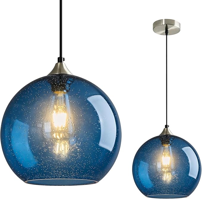 Mikeru Glass Globe Pendant Light Single, 7.87 Inch Blue Bubble Glass Hanging Lamp, Mid Century Modern Pendant Lighting for Kitchen Island Dining Room Bedroom (Bulb Not Included)