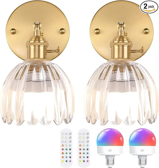 Shenmoyl Vintage Battery Operated Wall Sconce with Transparent Tulip Glass Lampshade Rechargeable Battery Powered Wall Light with Remote Control for Bedside Bedroom Doorway, Set of 2