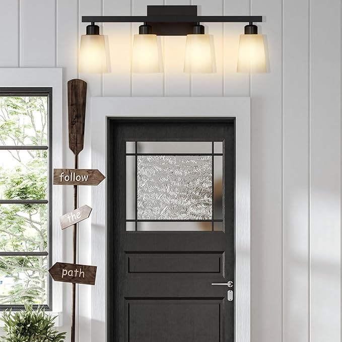 Lightdot 4-Light Bathroom Light fixtures, Modern Vanity Light with Frosted Glass Shade, 26.5IN Black Wall Lamp for Bathroom Kitchen Living Room Hallway Cabinet Porch, E26 Base-1PN