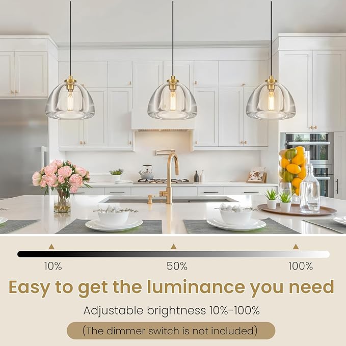 Crystal Pendant Light Kitchen Island: 7" Vintage Brass Hanging Lights above Dining Table - Modern K9 Crystals Lighting over Kitchen Sink - Luxury Gold Hemispher Pendants Light Fixtures Bulbs Included
