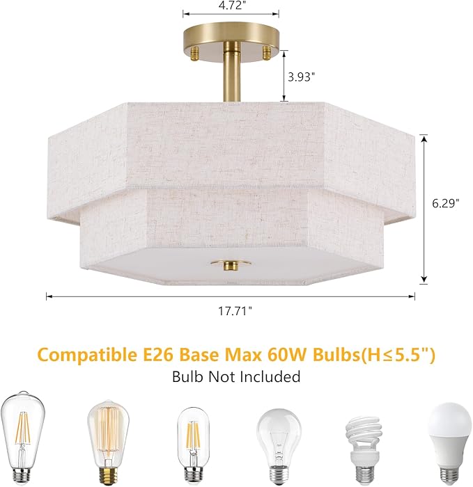SGLfarmty 17.7" Gold Flush Mount Ceiling Light, 3-Light Farmhouse Light Fixture Ceiling Mount with 2-Tier Hexagonal Fabric Linen Shade, Modern Drum Chandelier for Bedroom Hallway Living Room