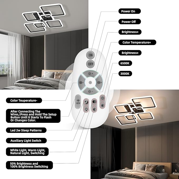 Modern Ceiling Light, 36.2'' LED Dimmable Acrylic Square 6+1 Rings Ceiling Lights with Remote, Black Flush Mount Ceiling Light Fixture for Low Ceiling Bedroom Living Room Dining Room, 130W