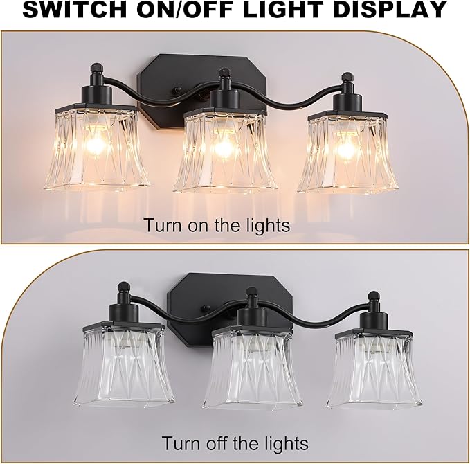 Bathroom Vanity Light Fixtures, 3-Light Vintage Matte Black Vanity Lights with Crystal Glass Shades, Farmhouse Bathroom Lighting Fixtures Over Mirror for Bathroom Bedroom Hallway
